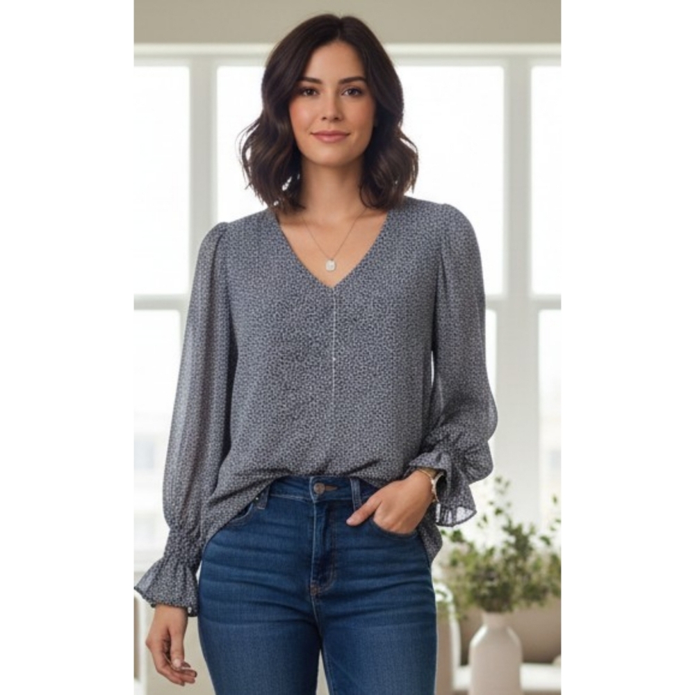 1.State V-neck Balloon Sleeve Blouse Black & Gray Size S